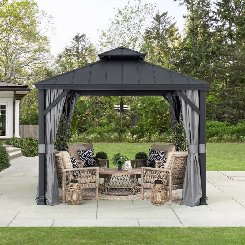 Sunjoy 10 ft. x 10 ft. Hardtop Gazebo, Outdoor Aluminum Frame Gazebo, 2-Tier Steel Hardtop Backyard Gazebo with Netting, Curtain and Ceiling Hook