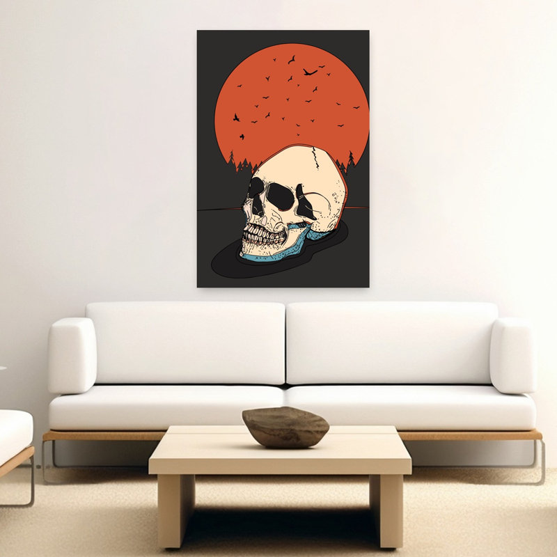 Crâne sous lune orange, style gothique abstrait contemporain, oiseau, forêt, coucher de soleil, affiche murale