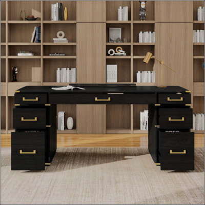 Très grand bureau de direction classique et traditionnel avec bordure en métal, bureau d'écriture avec 2 tiroirs classeurs, ports et prises USB, bureau avec compartiment caché pour le salon, le bureau personnel, la salle d'étude