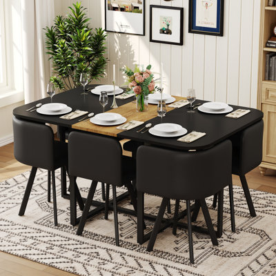 Ensemble de table de salle à manger 7 pièces avec 6 chaises en polyuréthane noir, table de cuisine rectangulaire à deux tons noir et grain de bois (planche de triamine), ensemble de mobilier de salle à manger moderne ou petit espace, appartement, restaurant