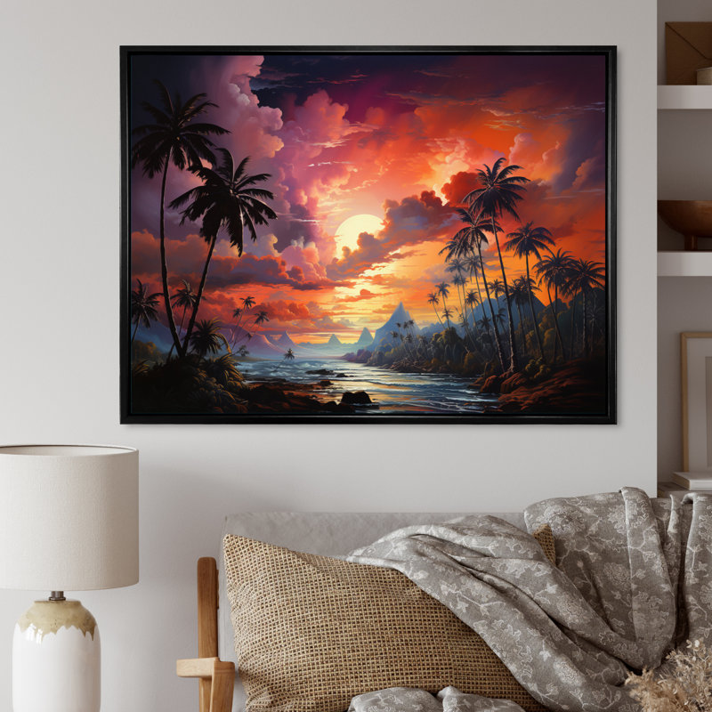 «Coral Palm Trees Landscape II», reproduction sur toile, H 16 po x l 32 po x P 1 po, Cadre flottant noir
