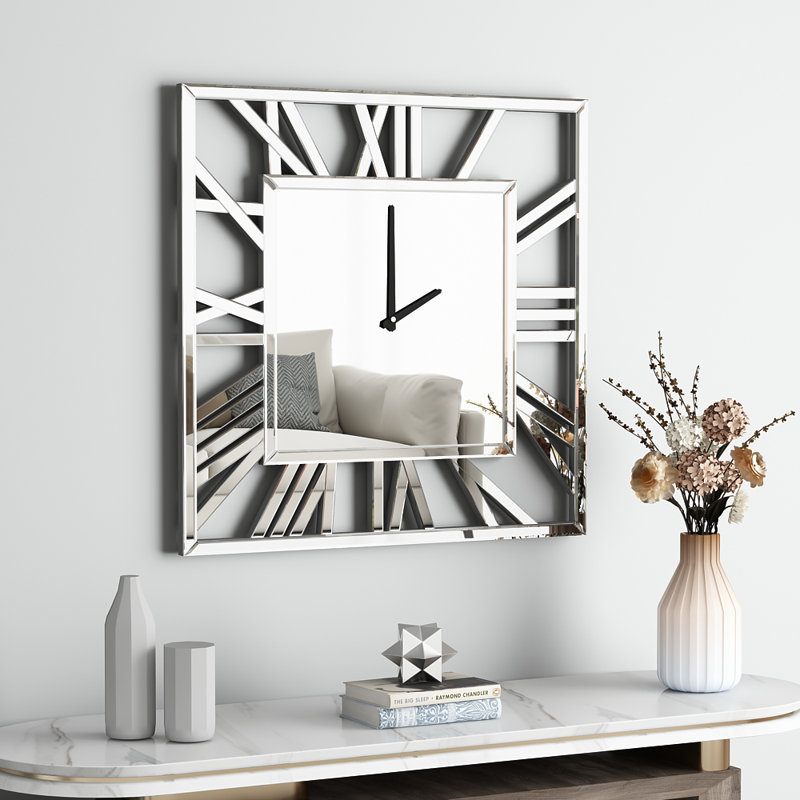 Large Glass Wall Clock Silver Accent Clock, 60cm H x 60cm W x 3.5cm D