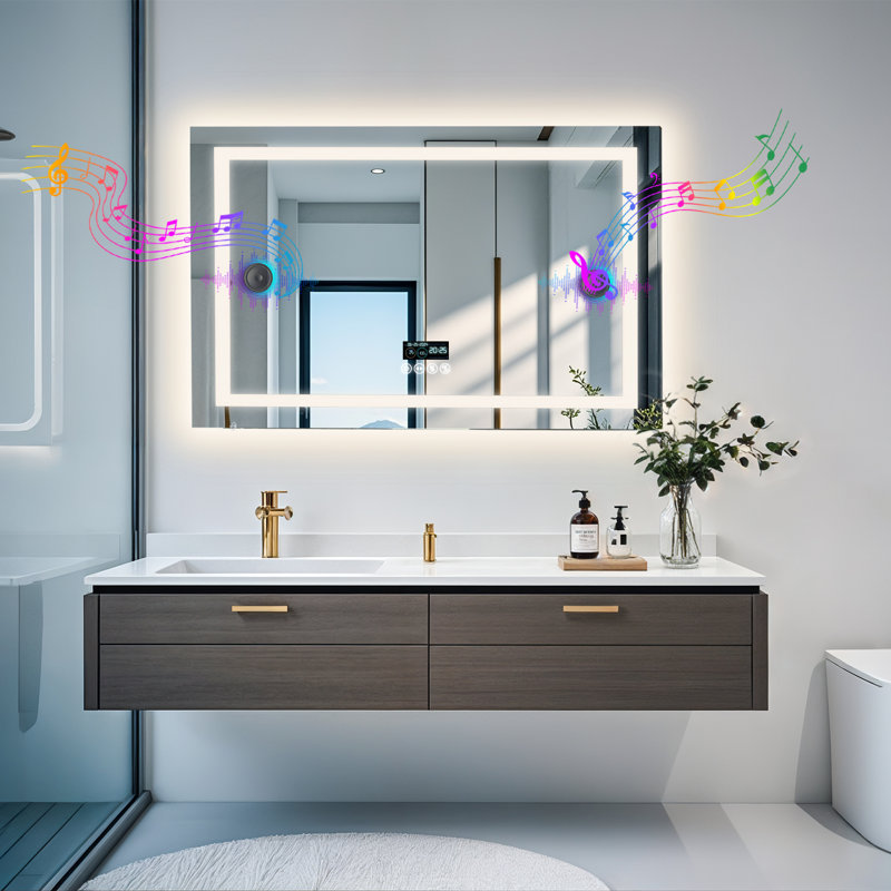 Led Bathroom Mirror With Lights, Wall-mounted With Bluetooth Speaker, Time & Date Display Anti-fog, 3 Color Temperature, Dimmable Brightness, Ip65 Waterproof, Tempered Glass, Frontlit & Backlit