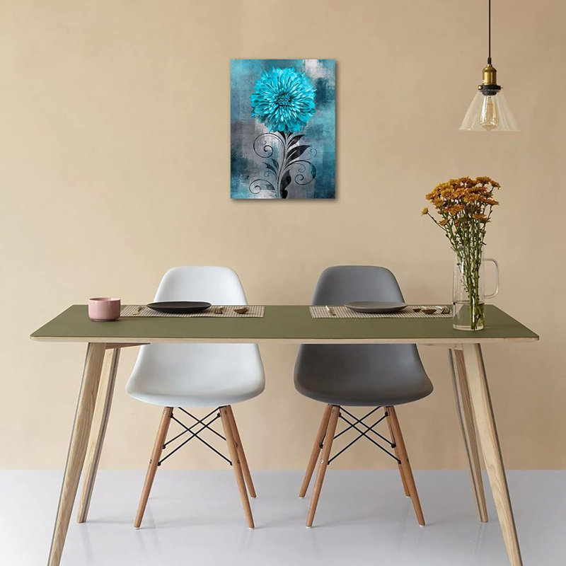 Abstract Flowers Wall Art Teal Flower Canvas Pictures Rustic Blossom Canvas Painting for Bedroom Bathroom Wall Decor Modern Teal Grey Canvas Prints Contemporary Botanical Wall Art 12" x 16"