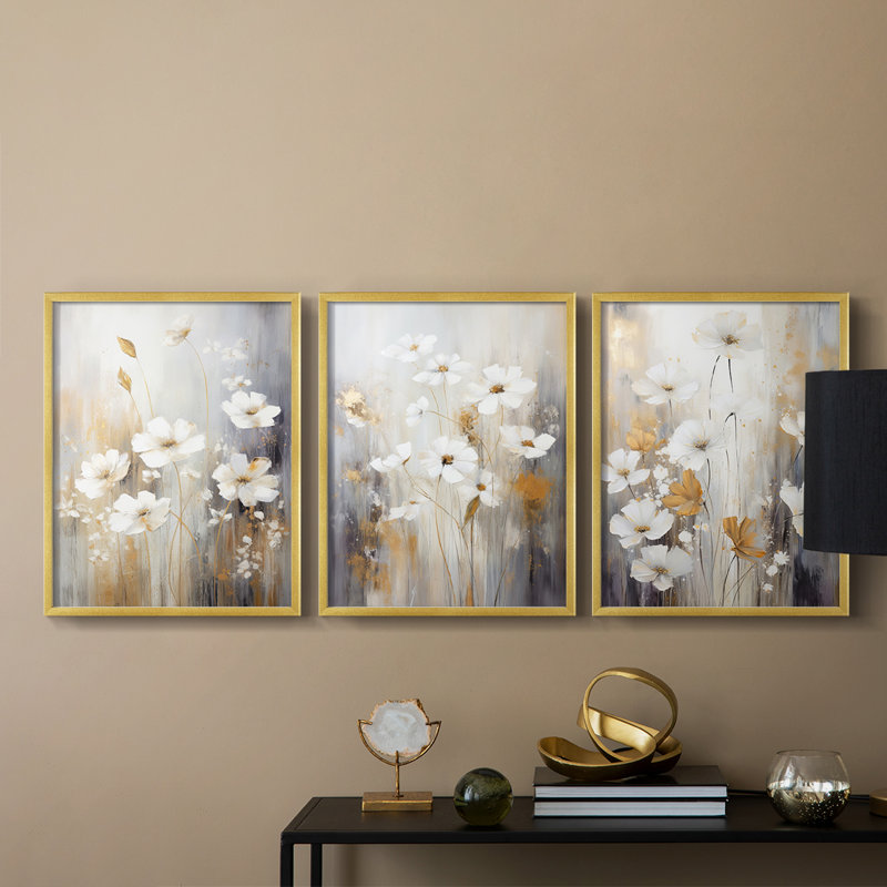 Floral Study Series XCVI -Set de 3 estampes numériques giclées -Prêt à accrocher, Cadre doré, H 10 po x l 8 po