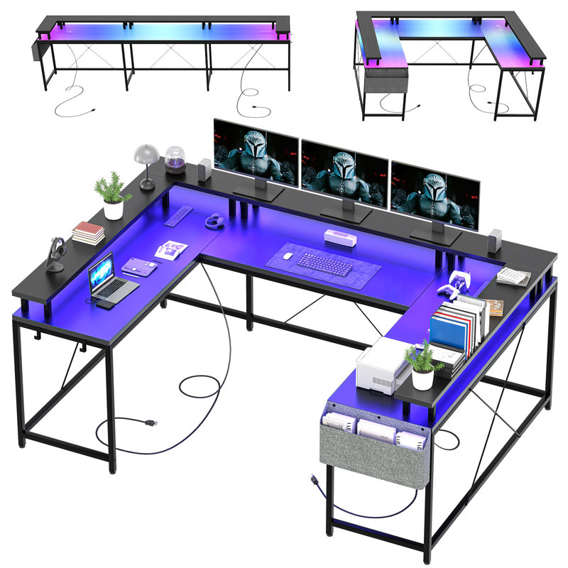 79" Reversible U Shaped Large Computer Desk LED Gaming Desk with Power Outlets and Monitor Stand, Black