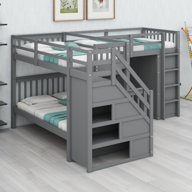 Lit superposé en L avec tiroirs intégrés, bureau et garde-robe, Gris