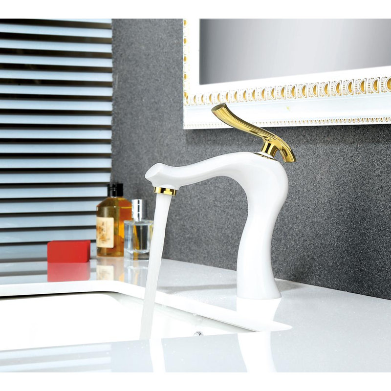 Robinet de salle de bain à un trou, Blanc / or brillant