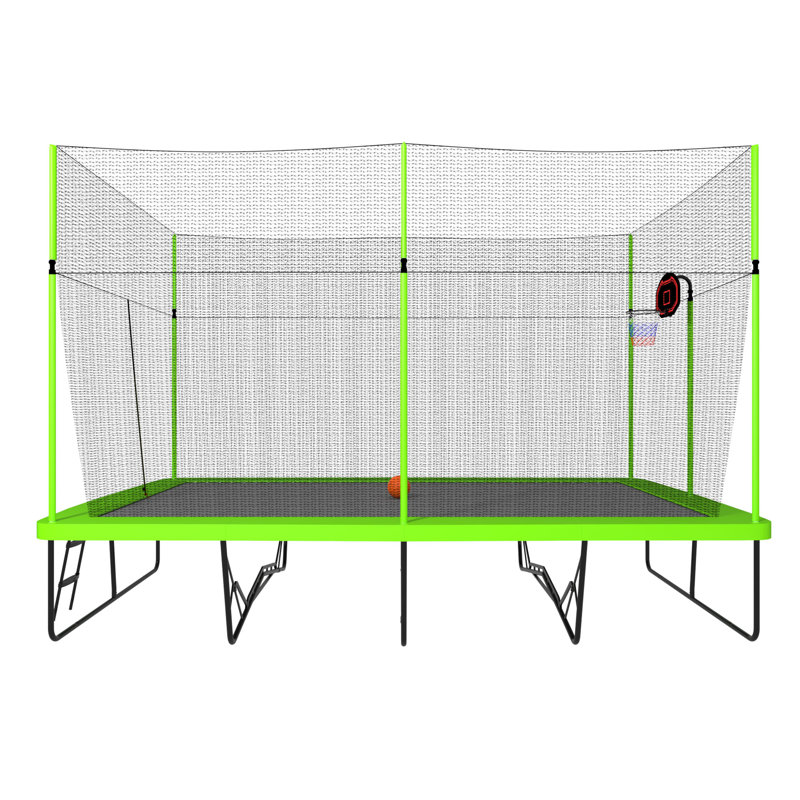 10x17FT Rectangular Trampoline with Basketball Hoop & Advanced Ladder - Green/Black