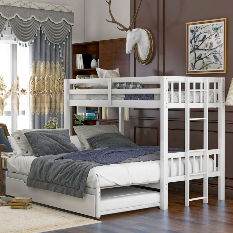  Twin Bunk Bed Frame with Pull-Out Trundle, Space-Saving Sleeper and Guest Solution, Espresso, White