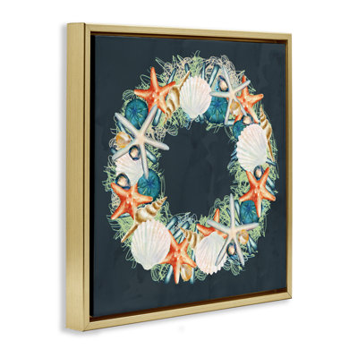 «Starfish and Nautical Seashell Wreath», art mural encadré sur toile flottante par Ziwei Li