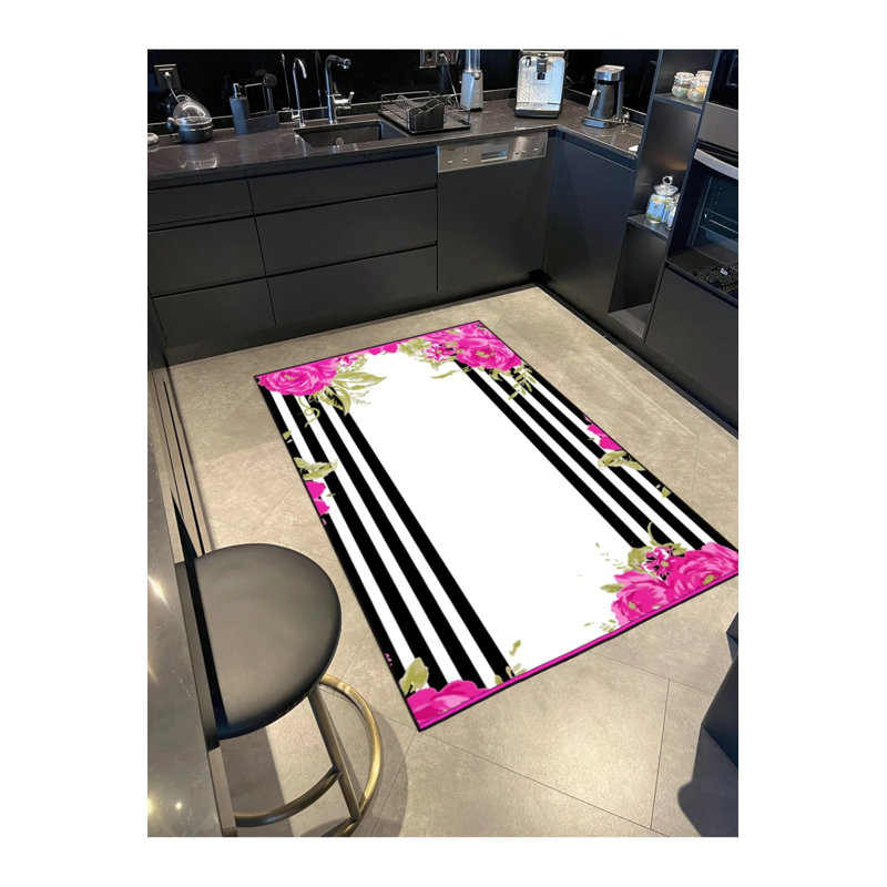 Tapis décoratif rose à motif floral moderne à rayures grises, Rectangle 2 pi 4 po x 4 pi