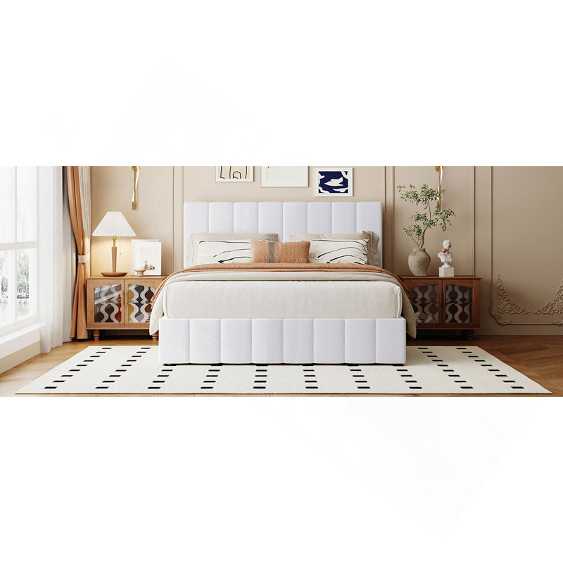 Lit plateforme tapissier double avec système de rangement hydraulique - beige, Beige, Lit double