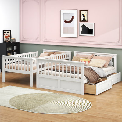 Twin Over Full Bunk Bed with Storage Drawers, Convertible to 2 Beds, Solid Wood Frame with Guardrails
