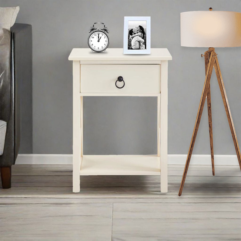 Cream Solid Wood Nightstand with Drawer and Shelf