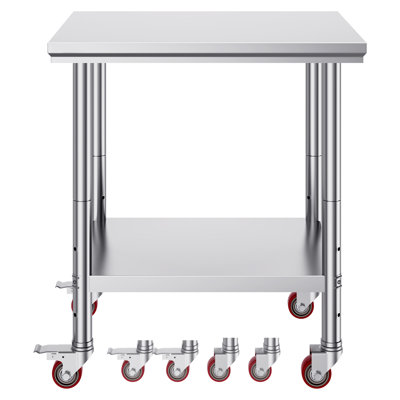 Stainless Steel Work Table 30 x 24 x 33 Inch, 700 LBS Load Capacity with 4 Wheels, 3 Adjustable Height Levels, Heavy-Duty Food Prep Worktable for Commercial Kitchen Restaurant, Silver