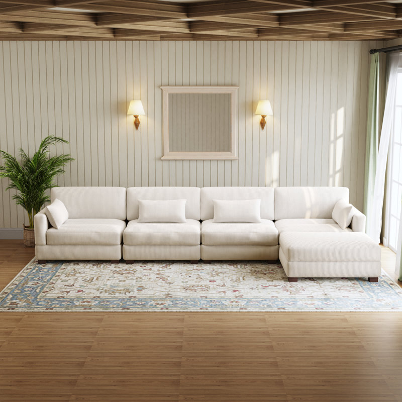 Canapé modulaire rembourré en velours côtelé beige 5 pièces avec dossier coussiné Maelina, H 30,7 po x l 161,4 po x P 68,1 po