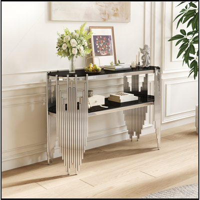Luxury Silver Console Table with 2-Tier Black Tempered Glass Shelves, Modern Oval Entryway Table for Hallway & Living Room, Polished Stainless Steel Frame, 47" x 15.7" x 31.5"