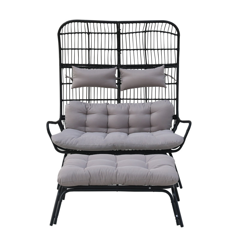 2 Person Indoor Outdoor Egg Chair W/ottoman, Light Gray, Black