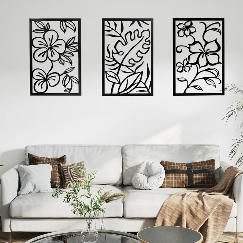 Three Piece Wall Decor In Black Rectangular Metal Frame With Floral Pattern Hollow Out Style, Made From Metal, 3D Cut Design, 0.08 Inch Thickness For Strength And Resistance To Bending, Pre - Fitted