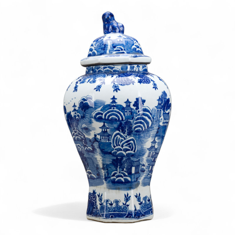 Blue and White Temple Jar with Lid