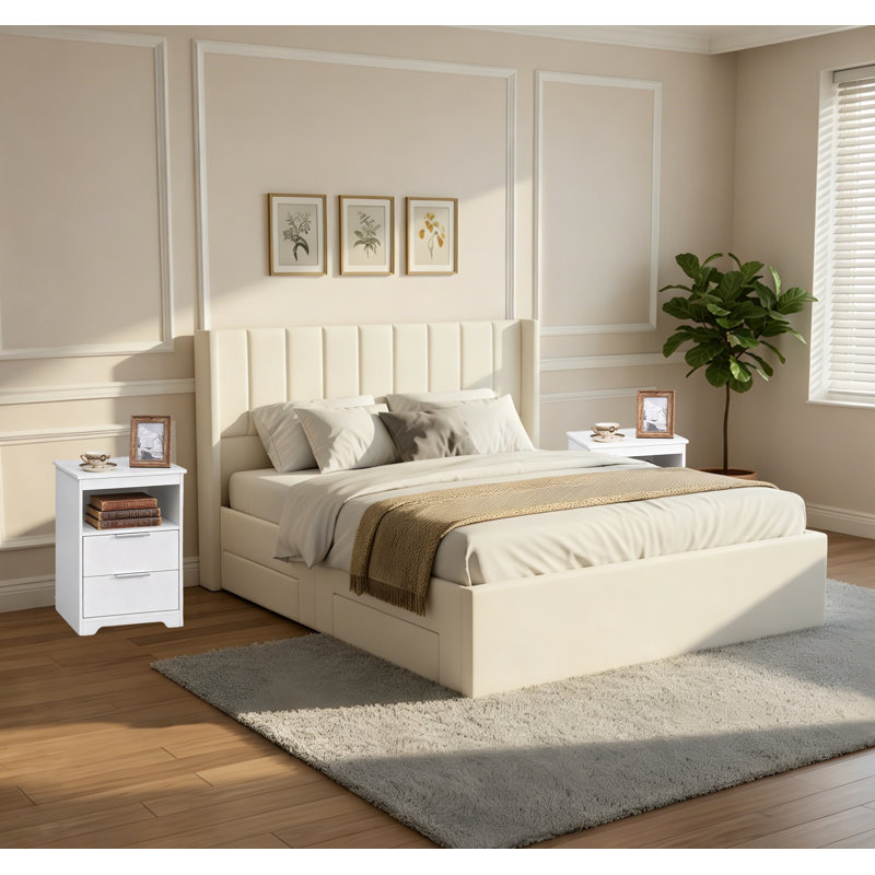 Ensemble de chambre à coucher 3 pièces avec lit tapissier très grand chenille avec 4 tiroirs et tables de chevet avec station de charge