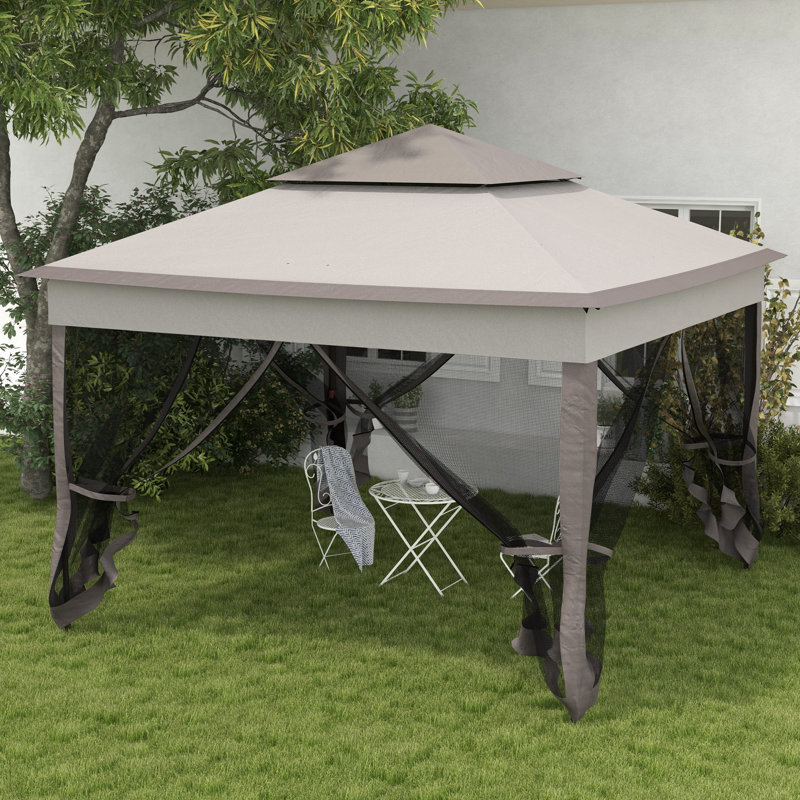 3.25 X 3.25m Pop Up Gazebo, Double Roof Outdoor Shelter With Netting Curtains, Zip Closure, Steel Frame, Ground Stakes & Guy Ropes, Portable Carry Bag, Patio Event Tent, Brown & Grey