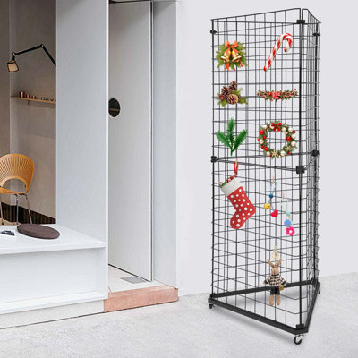 68 Inch Floor Standing Black Triangle Display Stand Wire Grid Display Rack With 3 Universal Wheels