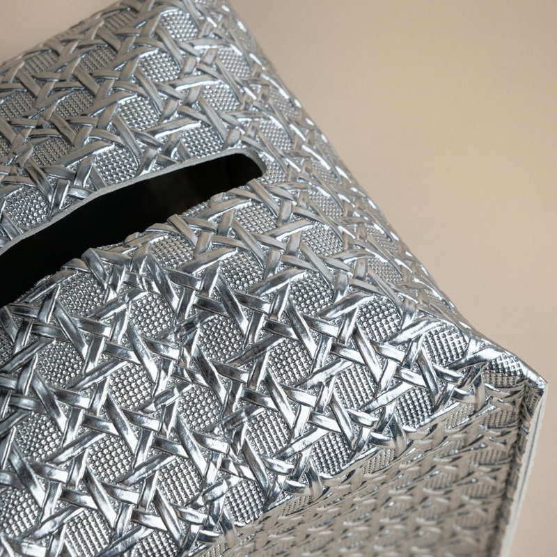 Square Tissue Box Cover - Aesthetic Desk Decor For Room, Home & Office - Tissues Cube Boxes Holder - Lattice Textured, Silver