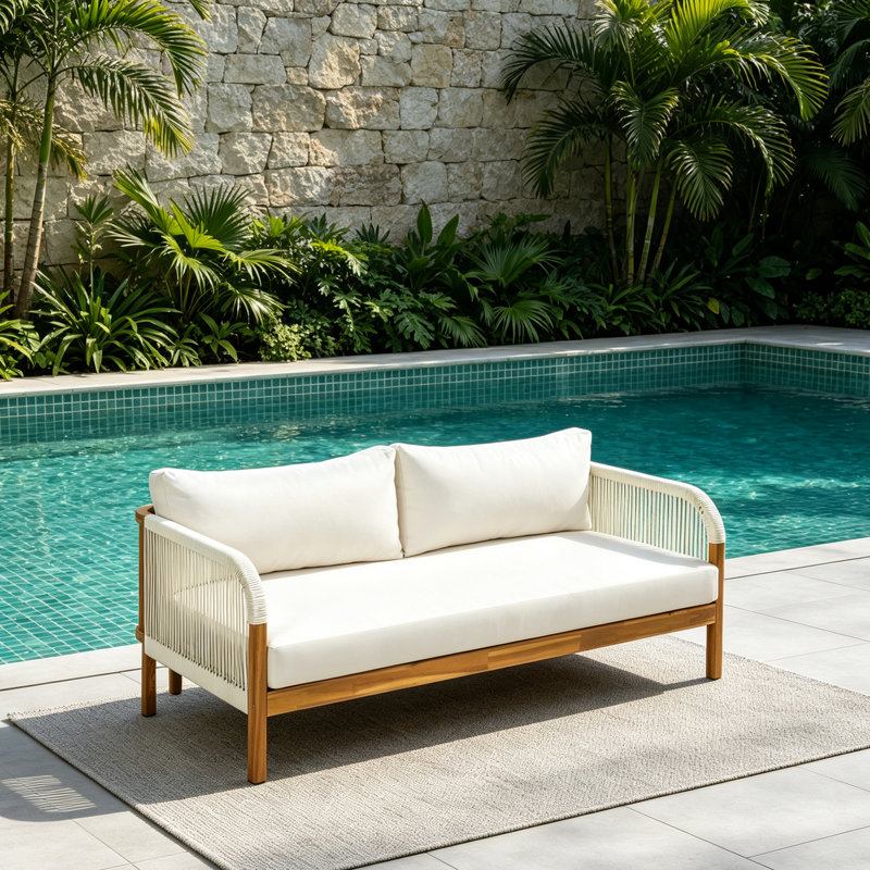 Causeuse d'extérieur moderne en corde de bois d'acacia à tissage de corde avec sièges profonds et coussins, Beige