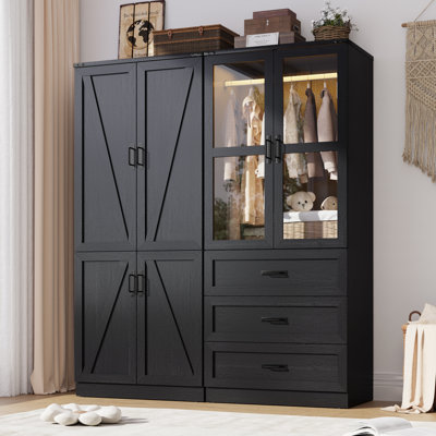 74.8"H 4 Door Wardrobe Armoire Closet With LED Lights, Rustic Farmhouse Wardrobe Cabinet With Hanging Rod & Adjustable Shelves For Bedroom