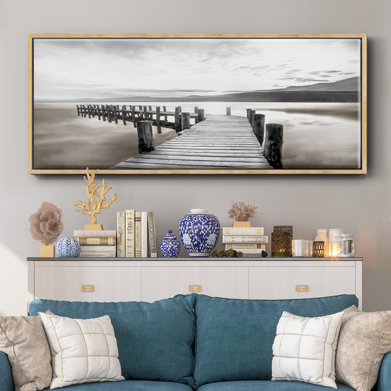 Misty Morning Dock- Framed Canvas, 12" H x 30" W