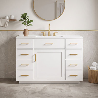 Meuble-lavabo autoportant avec comptoir en composite, 7 tiroirs, porte à fermeture amortie et accès à la plomberie par l'arrière.