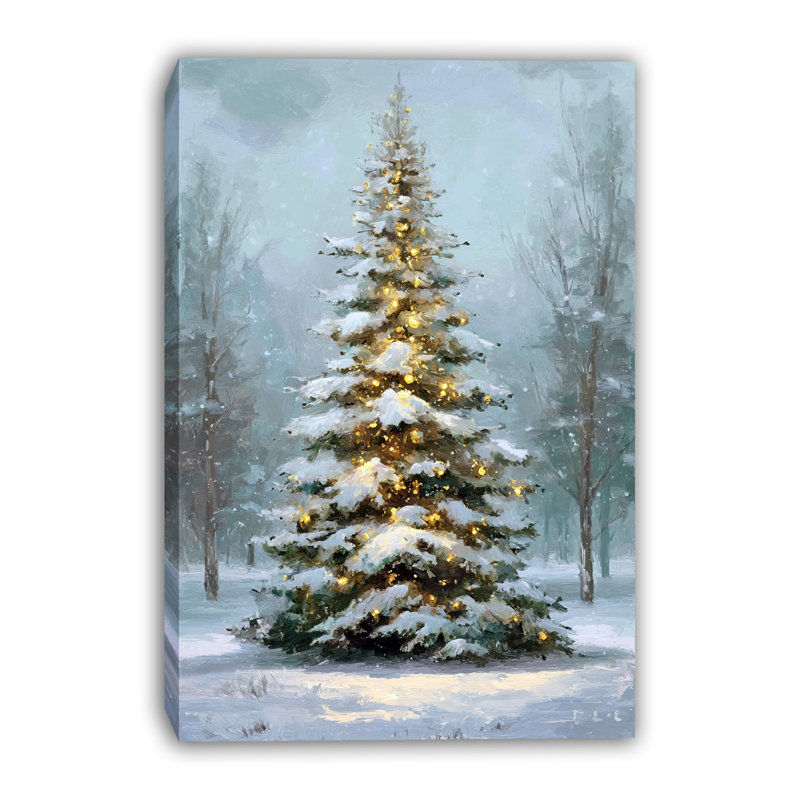 Arbre enneigé avec lumières dorées sur toile tendue, H 24 po x l 16 po