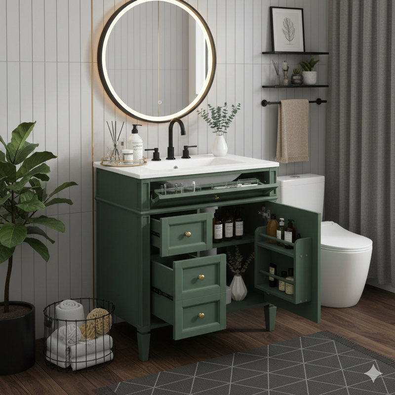 Meuble-lavabo moderne de 30 po avec lavabo à montage sur le dessus, armoire de rangement moderne avec deux tiroirs et un plateau basculant, meuble-lavabo simple