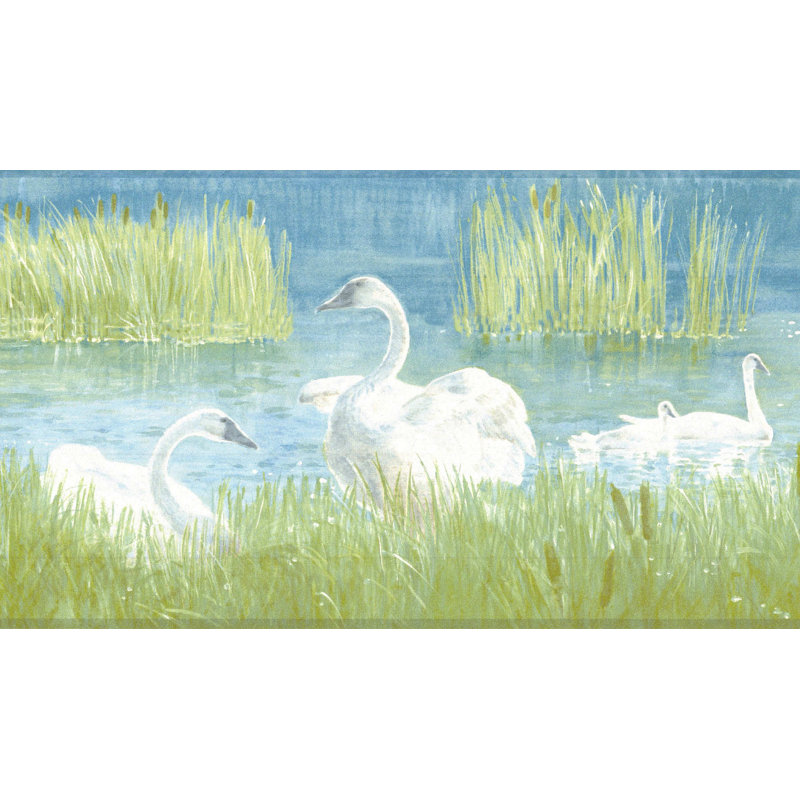 Bordure de papier peint pré-encastré - cygnes bleus, blancs, verts, bleus, bordure rétro, 15 pi X 7 po