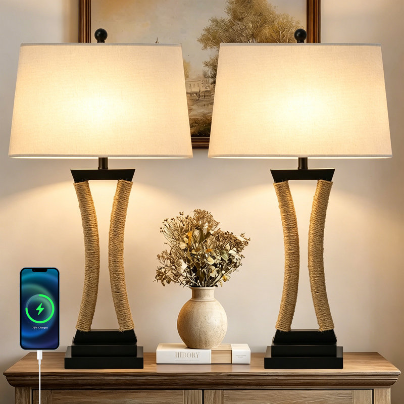 30.31" H Modern Forged Iron Table Lamp With Braided Rope Rattan Accent 3-way Dimming And Usb For Bedroom And Living Room