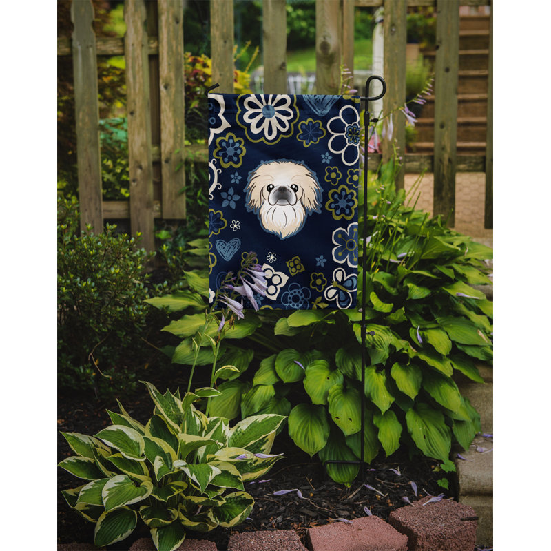 Terrier en fleurs à 2 côtés en polyester 15 x 11,5 po drapeau de jardin, Pékinois (bleu)