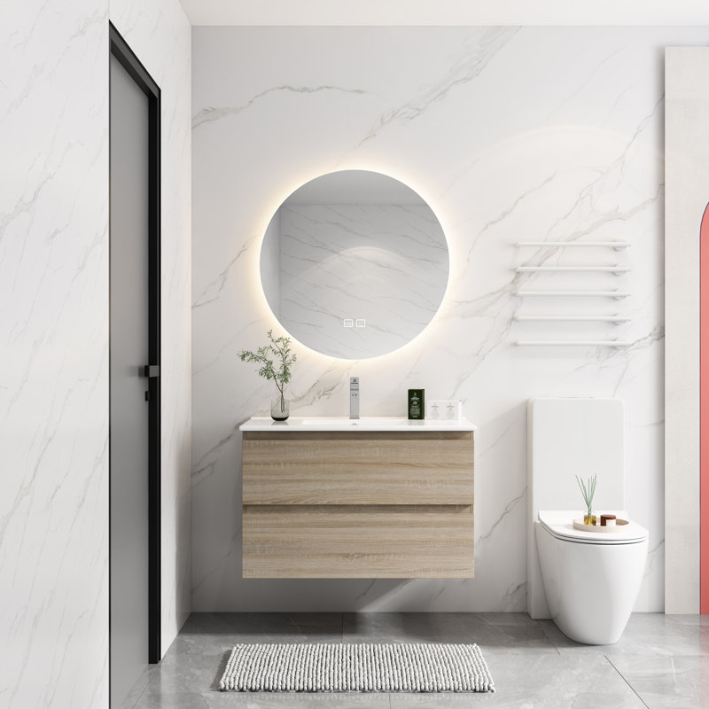Armoire de salle de bain 36 po avec lavabo en céramique à fixation murale, 2 tiroirs, contreplaqué, design épuré, 36"
