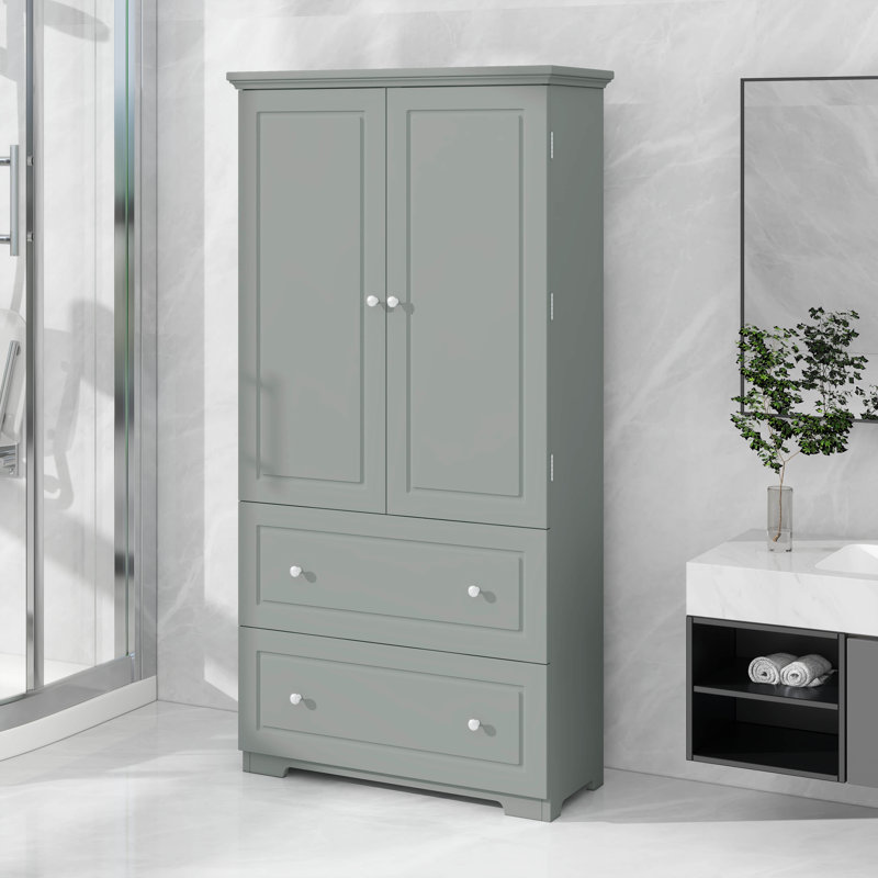 Large armoire de rangement pour salle de bain avec portes et tiroirs, tablette réglable