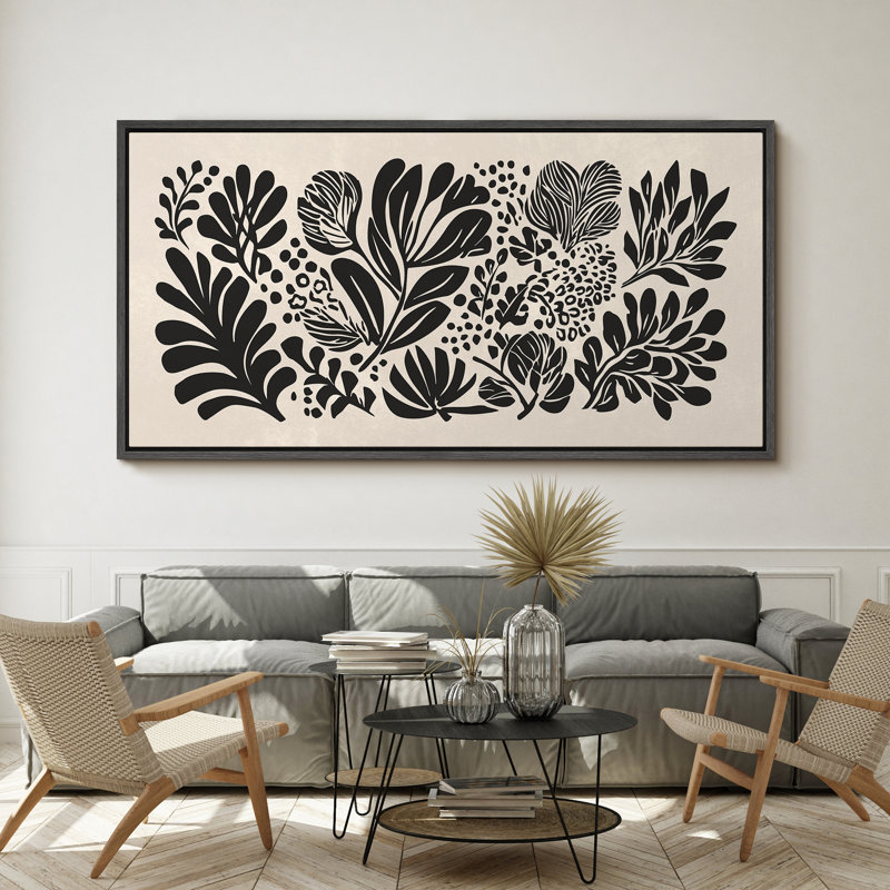Grande impression sur toile encadrée, reproduction florale abstraite pour un décor minimaliste moderne, Noir