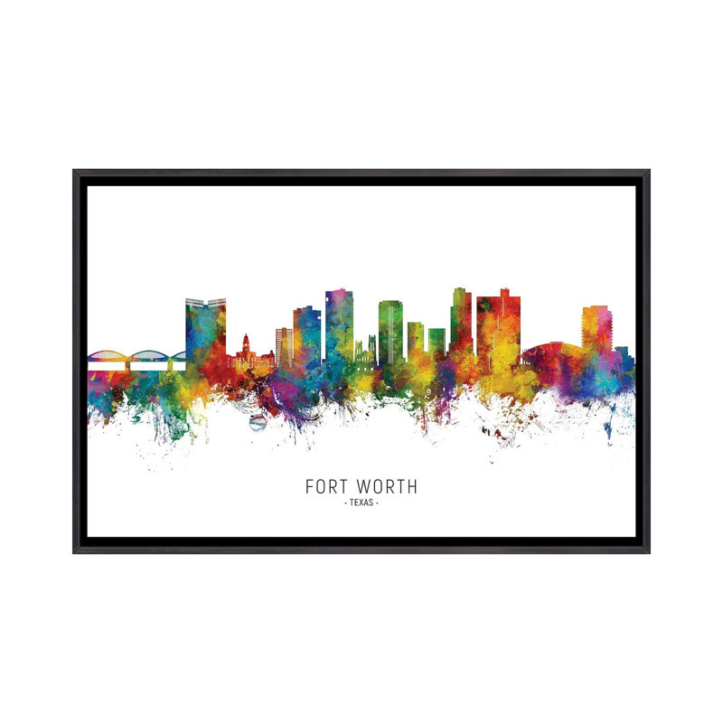 «Rainbow Splash Fort Worth Texas Skyline», reproduction d'art murale encadrée, H 18 po x l 26 po, Noir patiné