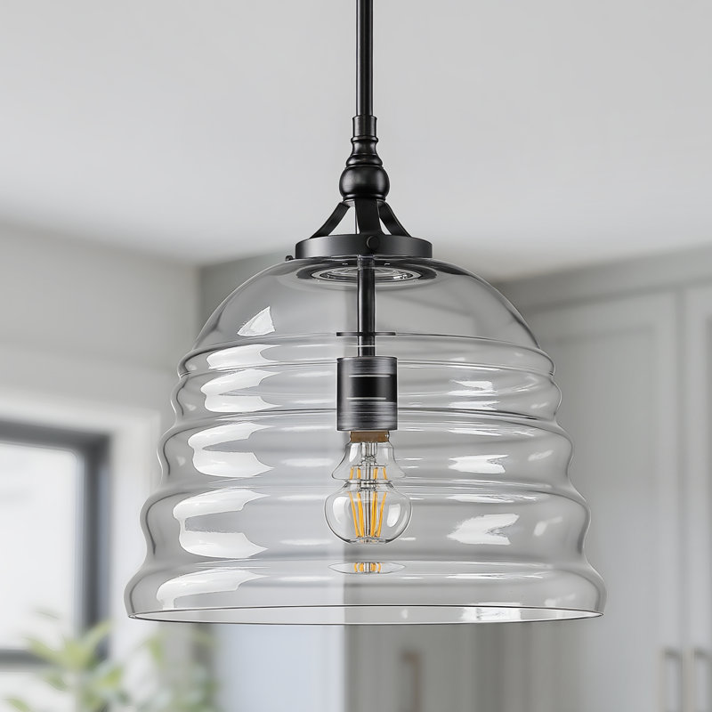 12 in 1-Light Modern Adjustable Hanging Single Pendant Light Fixture with Clear Ribbed Glass Dome Shade, Matte Black