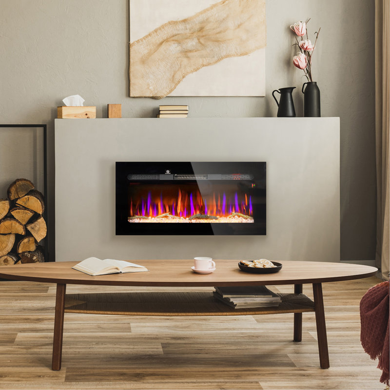 36" Electric Fireplace Recessed And Wall Mounted With Remote Control, 1500W Fireplace Heater With 8H Timer, Adjustable Flame Color And Brightness, Log And Crystal
