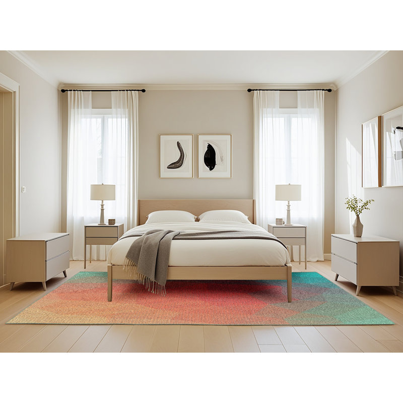 Tapis rouge/aqua à motif vert, Rectangle 5 pi x 8 pi