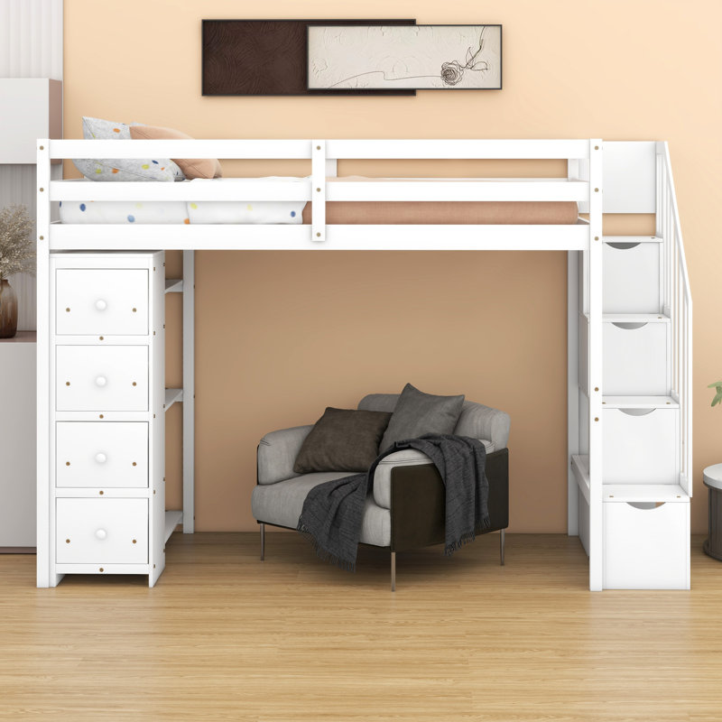 Loft Bed With Storage Drawers And Stairs, Wooden Loft Bed With Shelves