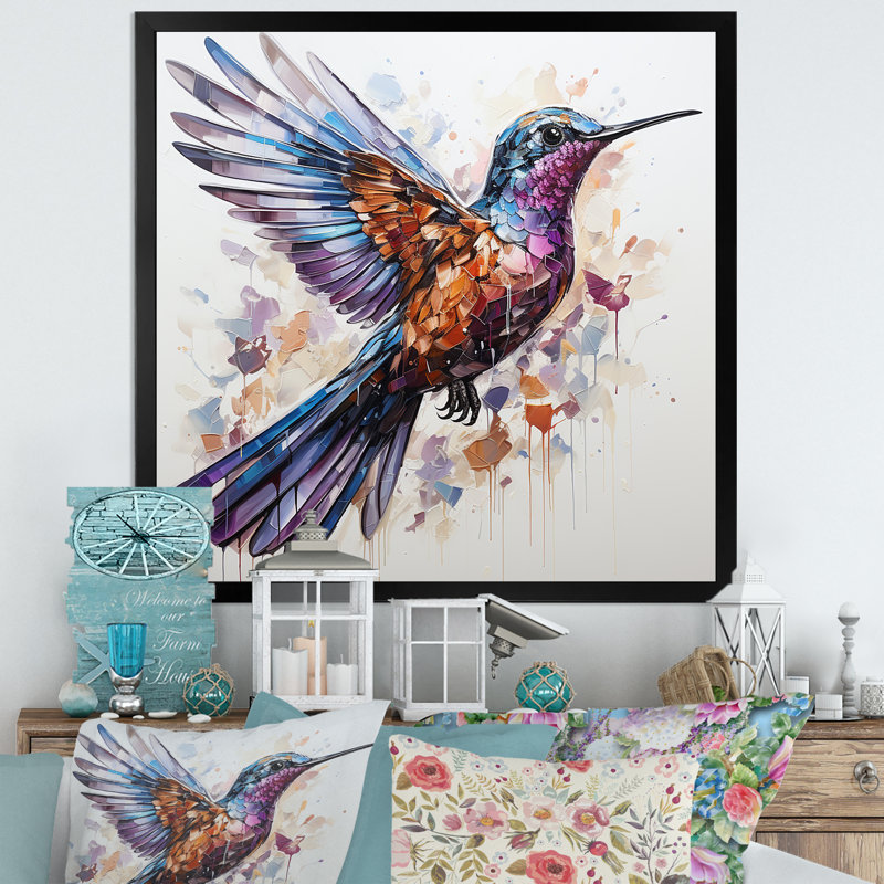 Vol de colibri bleu et brun - Art mural colibri, Cadre simple noir, H 16 po x l 16 po x P 1 po