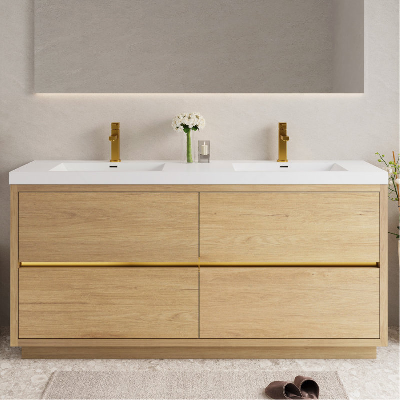 Meuble-lavabo autoportant de 72 po avec double lavabo, meuble-lavabo avec comptoir en résine de pierre et tiroirs à fermeture en douceur