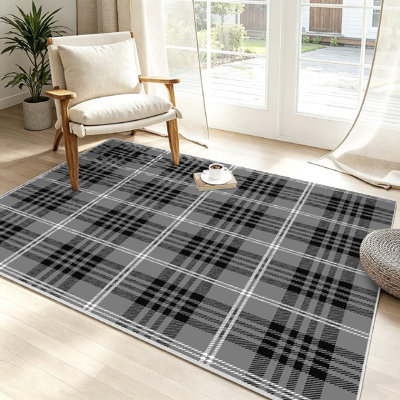 Tapis d'intérieur noir à carreaux gris et blanc lavable à la machine