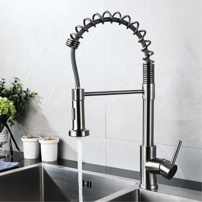 Robinet de cuisine à douchette extractible et poignée unique - Finition nickel brossé, bec pivotant à 360°, débit d'eau réglable pour plus de commodité, finition nickel brossé, mécanisme de déverrouillage